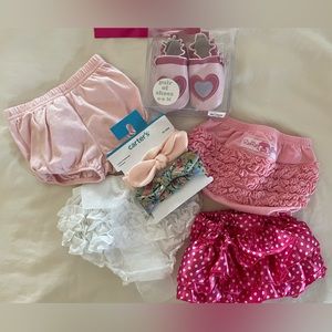 Lot of 4 Baby Girl Bloomers, NWT Leather shoes, and NWT Headbands